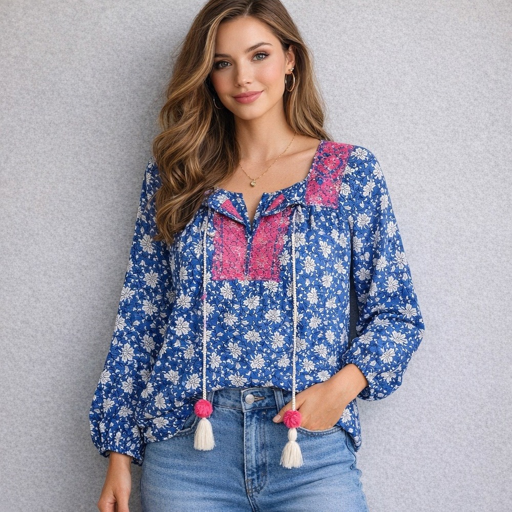J Crew Shirt Womens XS Voile Shirt Tassel Tie Embroidered Boho‎ Blue Pink Top